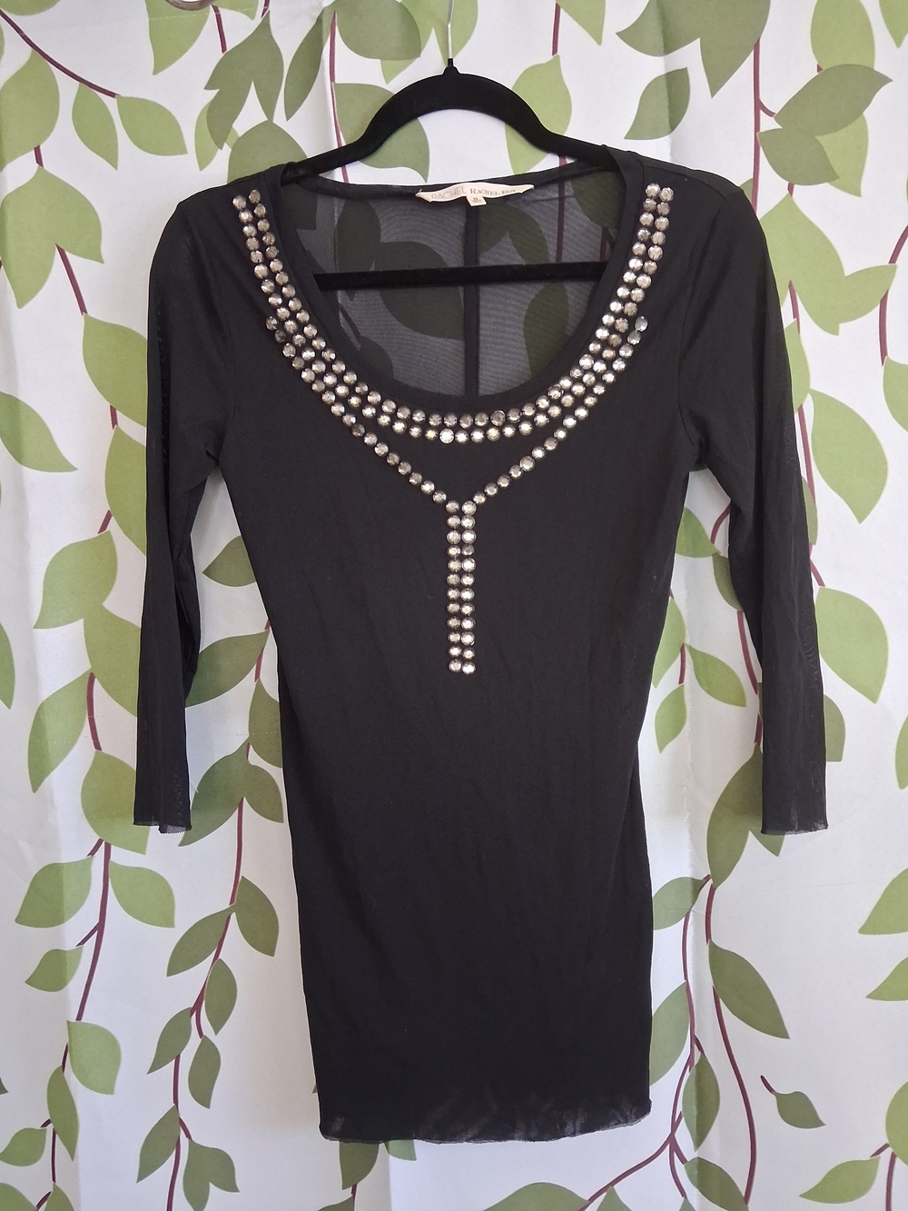 RACHEL Rachel Roy Black Long Sleeve Scoop Neck Top with Rhinestone Embellishment
